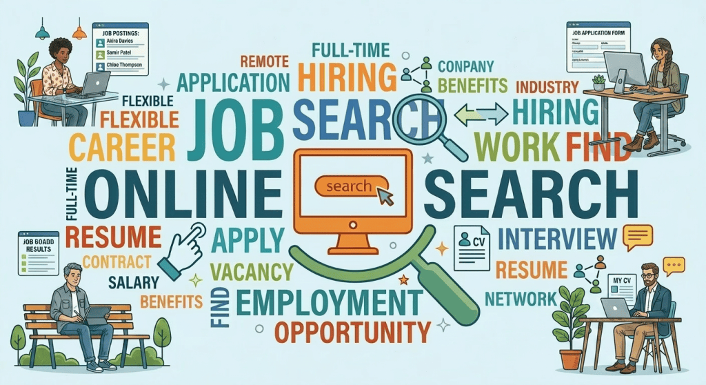 Keywords about online job search and employment including job, search, online, hiring, apply, resume, interview.